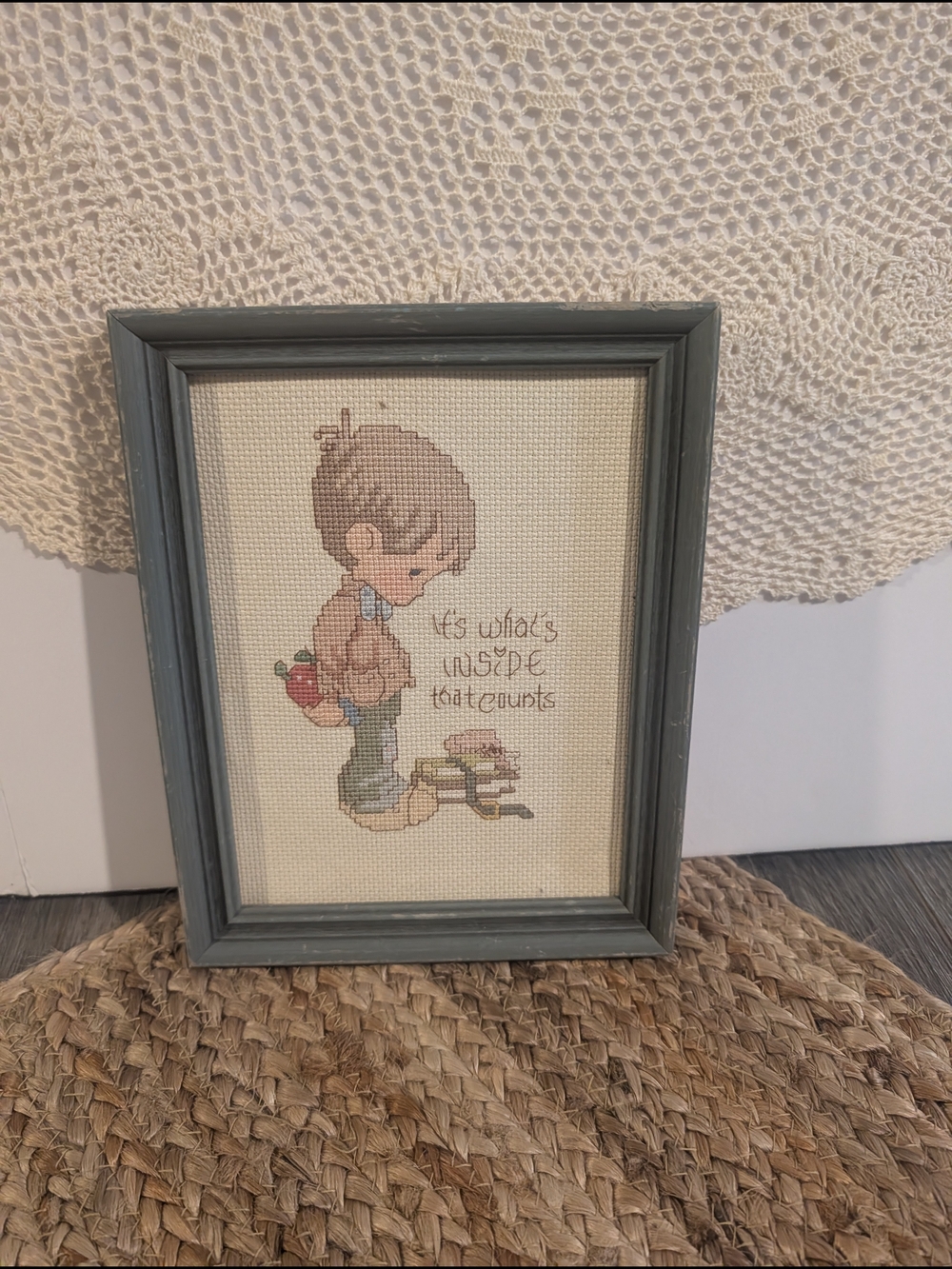 Framed Blue Gray Cross-Stitch Wall Art - Thoughtful Boy Design